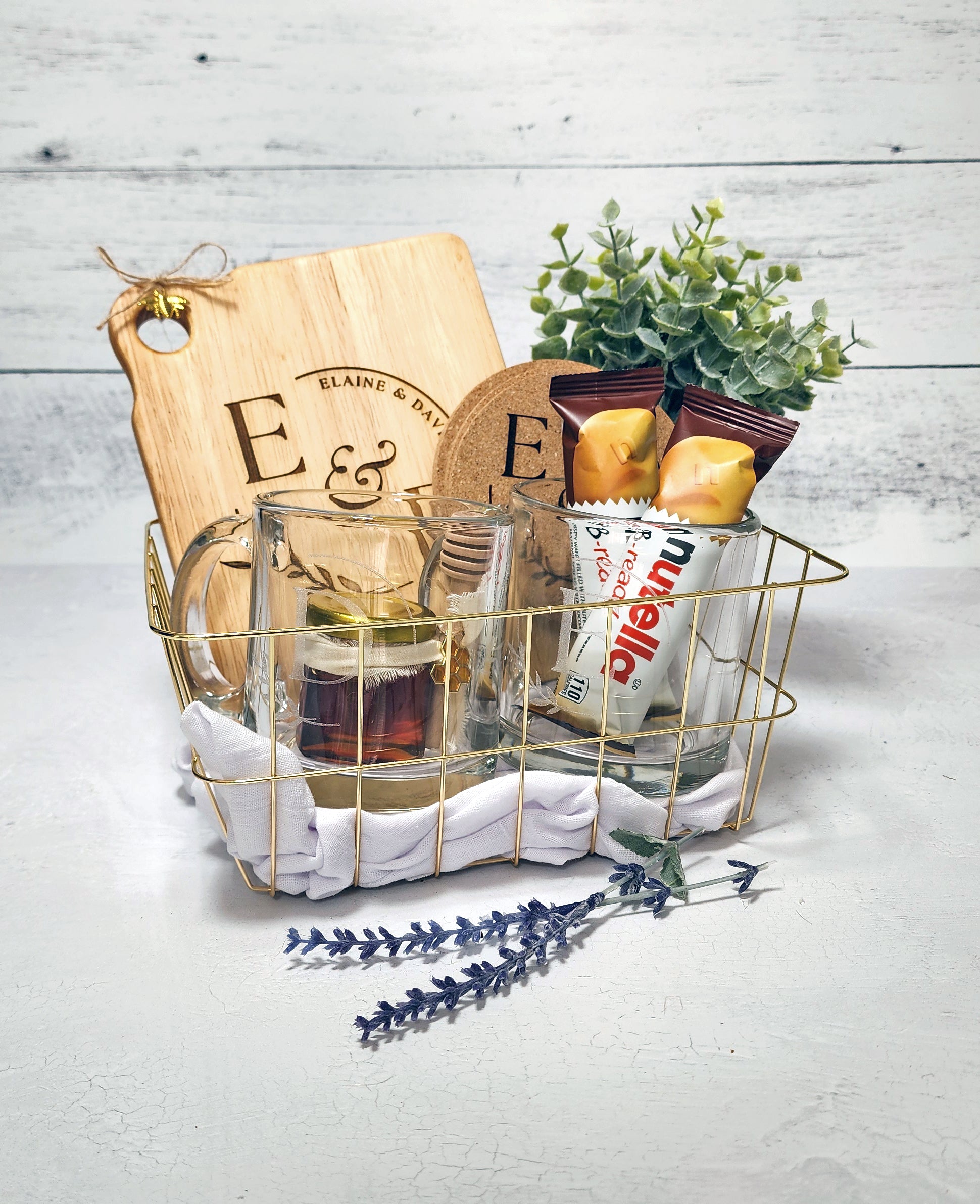 Mini Muffin Board, Coasters, Mugs and snacks in an elegant gold wire basket.